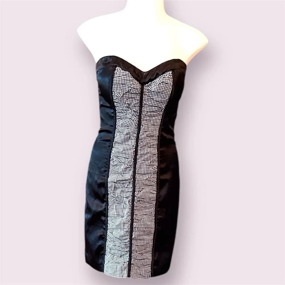 2B BEBE Y2K Inspired Strapless Satin & Gingham Corset-Style Boning Mini Dress
